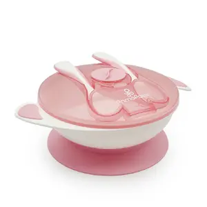 Primo Passi Baby Suction Bowl with Lid Snap-in Fork & Spoon - BPA Free First Stage Self Feeding Utensils, Light Pink
