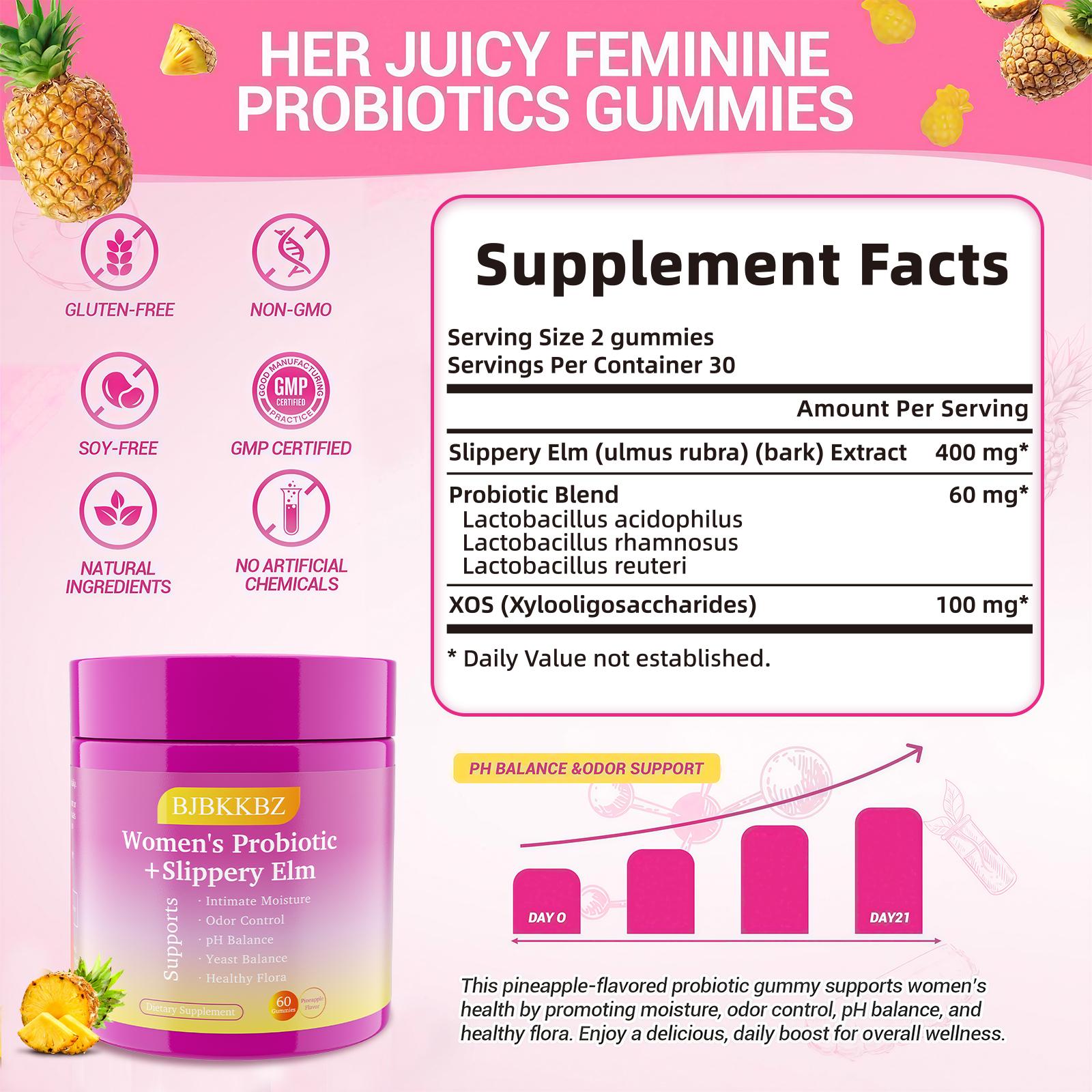 BJBKKBZ Women's Probiotic + Slippery Elm Gummies, Pineapple Flavor, Supports pH Balance, Yeast Balance & Intimate Health, 60 Count Dietary Supplement