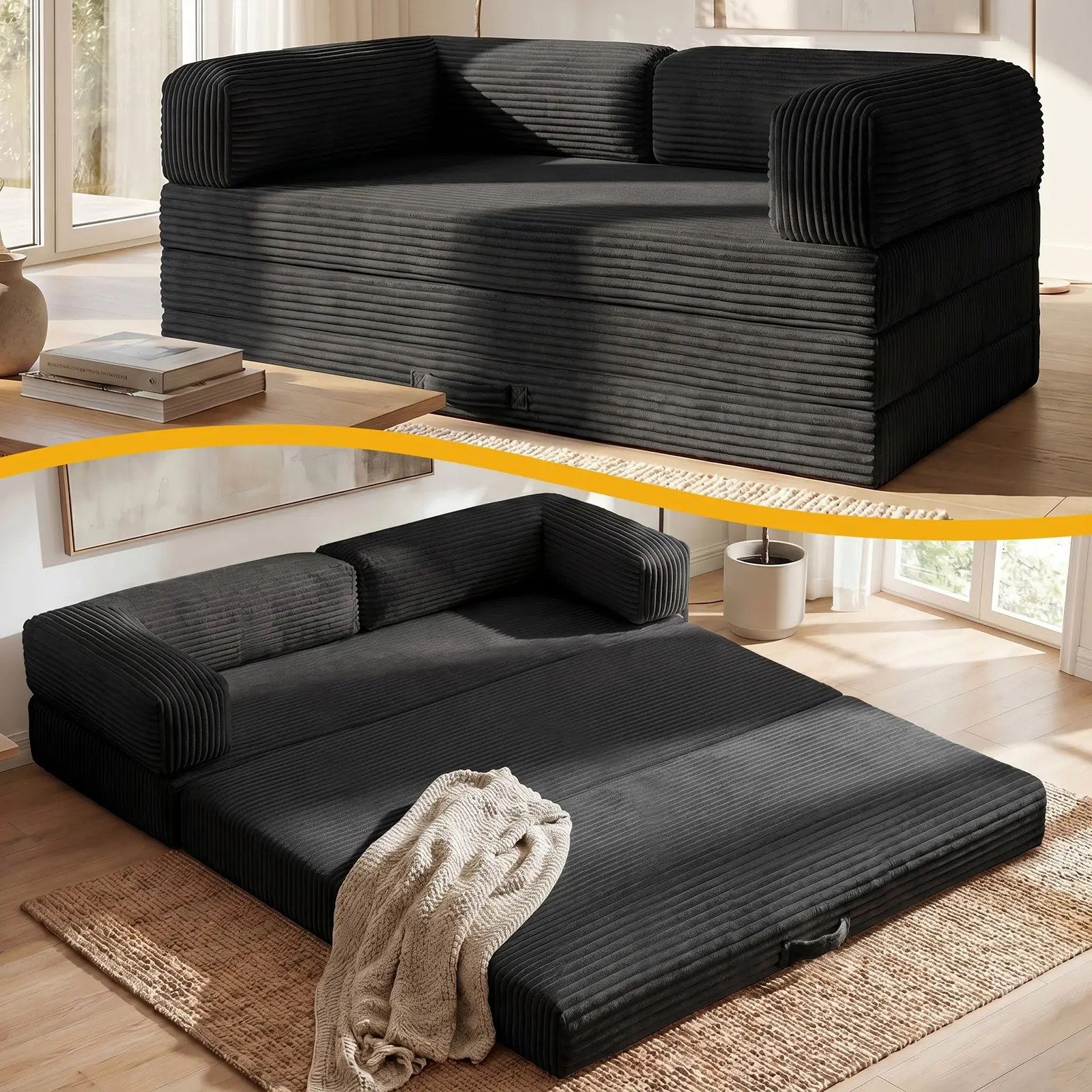 Winzoo Convertible Futon Sofa Bed,5-in-1 Tri-Fold Boneless Couch withSleeper Sofa,Floor Folding Mattress Small Space Apartment Living Room Bedroom