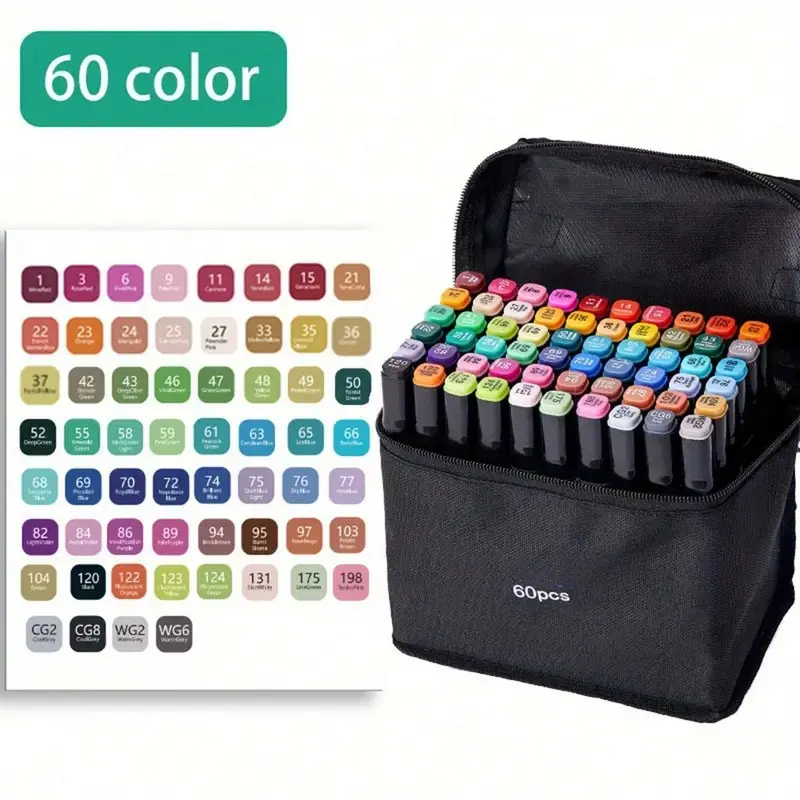 60 color alcohol marker pen, artist's painting art marker pen, double pointed marker pen suitable for adult coloring and painting supplies, perfect gift, double pointed brush marker pen