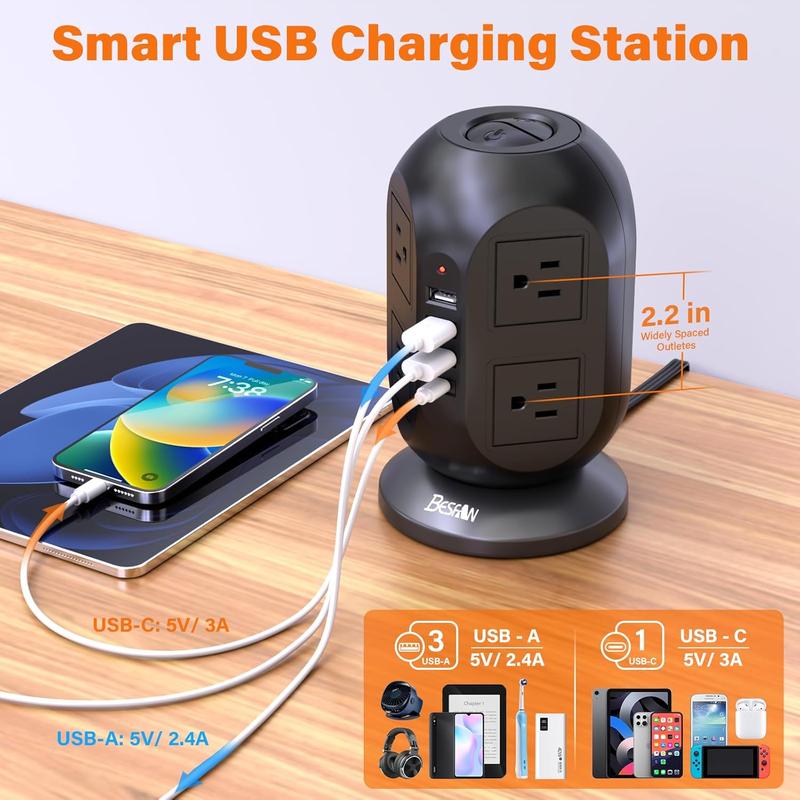 Surge Protector Power Strip Tower with 8 AC Outlets 4 USB Ports (1 USB C), 10 Ft Flat Extension Cord with Multiple Outlets Charging Station for Dorm Home Office Essentials, Black BESFAN