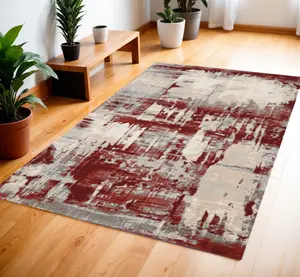 212 MAIN Abstract Print Power-Loom Rectangle Area Rug, 4x6 ft, Stain-Resistant Modern Polyester Fiber, Ivory Red & Gray Color Mix