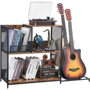 Father's Day Gift VEVOR 3-Tier Record Player Stand with Guitar Holder, Turntable Stand with Storage Holds Up to 300 Albums, Vinyl Record Cabinet with Metal Mesh Frame for Living Room, Bedroom, Black