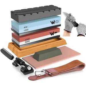 Sharpening Stone Kit  400/1000 3000/8000 Grit Wet Kitchen Whetstone  Sharpener Set with Non-slip  Rubber Base, Angle Guide, Flattening, Leather Strop and Cut Resistant Gloves