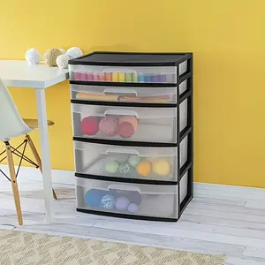 Five-Drawer Black Wide Tower, 1 One, Storage, Organizing, Plastic Drawer, Storage Drawer Unit