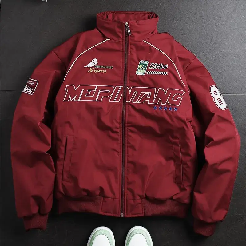 Men’s speed-inspired aviator  featuring printed details and fabric tag accents, a stand collar design,fleece lining for comfort and warmth,perfect for casual street style,everyday wear,or trendy sporty looks for this season.Long-sleeve, mens winter jacket
