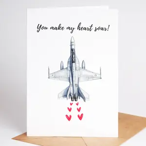 Fighter Jet Valentine's Card - 'You Make My Heart Soar!' Cool Military Aviation Gift for Him | Non-Cheesy Anniversary Card for Pilot Boyfriend