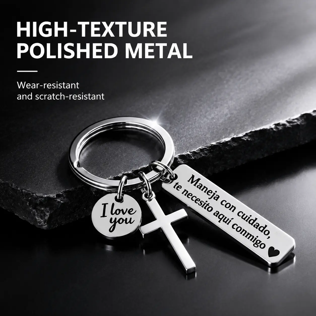 Stainless Steel Keychain with Christian Cross and Spanish Safe Driving Message, Polished Metal Key Ring Hanging Ornament for Car Keys, Backpacks and Daily Commute, Perfect Gift