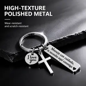Stainless Steel Keychain with Christian Cross and Spanish Safe Driving Message, Polished Metal Key Ring Hanging Ornament for Car Keys, Backpacks and Daily Commute, Perfect Gift