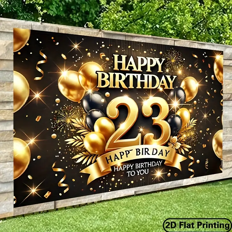 23rd Birthday Backdrop Banner - Elegant Glam Look Large Golden & Black Polyester Wall Decor, 243.84x182.88cm High-Quality Print with Balloons, Confetti, Sparkles, for Indoor/Outdoor Parties