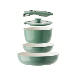 5PCS Large Ceramic Cookware Set, Removable Handle Pots And Pans Non Stick, Rv Cookware Set, Pots And Pans Set No PFAS & PTFE & PFOA, Detachable Pots And Pans, Dishwasher & Oven Safe (Green)
