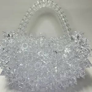 Aurora Woman's Spiky Beaded Handbag, clear white Color, Ideal for every Outfits and Special Events. woman handbag.