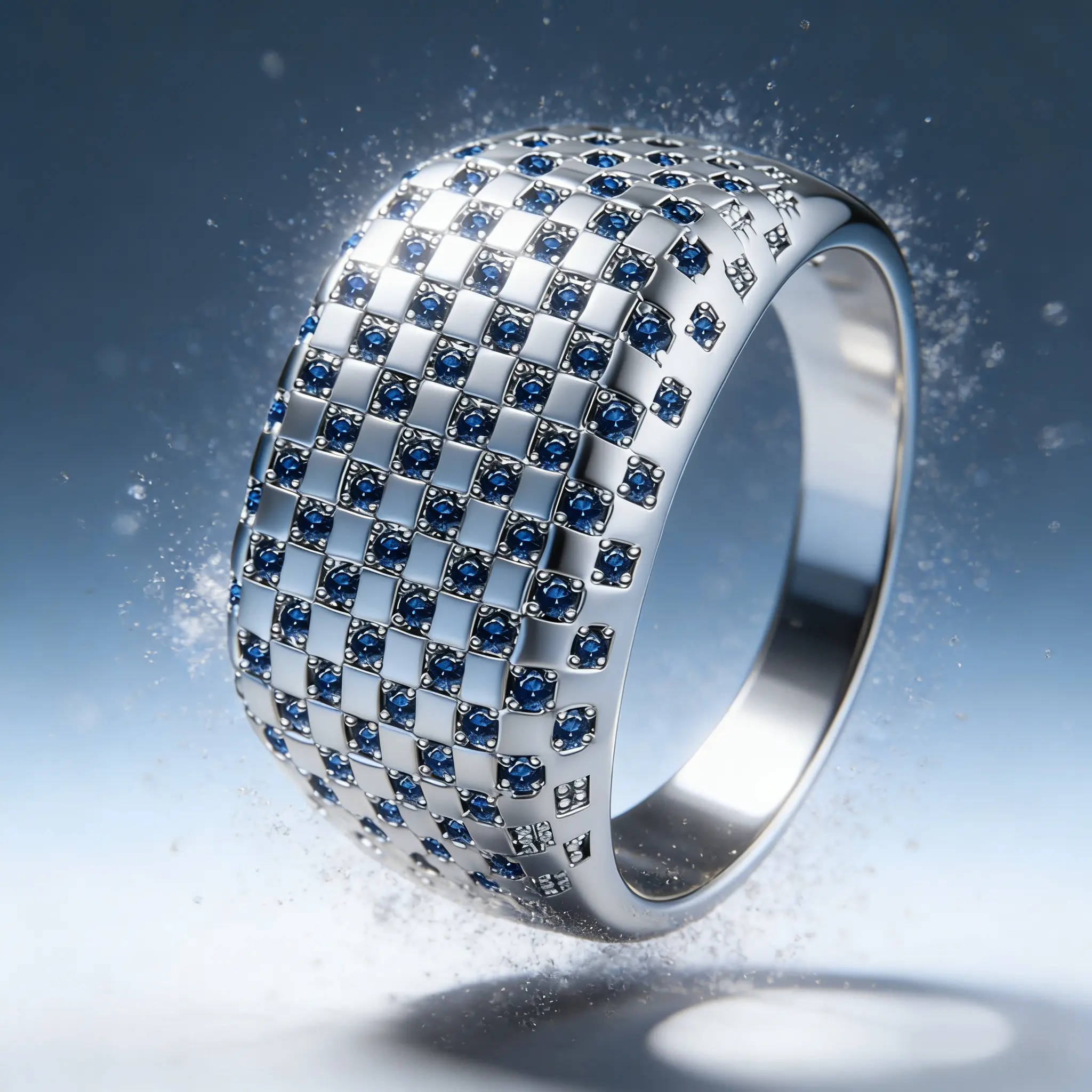 AELNEN Silver-Tone Blue Zircon Grid Wide Band Ring - Full-Pave CZ Statement Ring - Bold Luxury Jewelry - Gift for Her