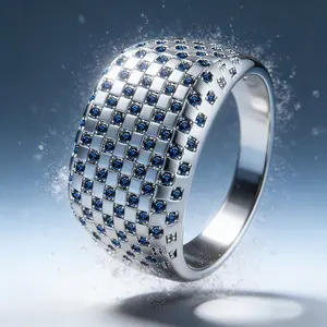 AELNEN Silver-Tone Blue Zircon Grid Wide Band Ring - Full-Pave CZ Statement Ring - Bold Luxury Jewelry - Gift for Her