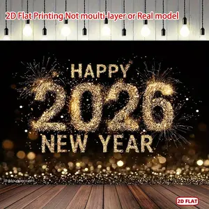 1pc 2D Flat Happy New Year Party Banner - Golden Glitter Finish, 51.46m Durable Polyester, Ideal for New Year's Eve, Christmas, Home & Festive Party Decorations (Photo Background Use)