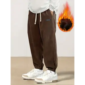 Winter Warm Thick Fleece-Lined Drawstring Pocket Cuffed Windproof Corduroy Pants, Casual Style Solid Color Polyester 100% Regular Fit Non-Stretch Woven Fabric