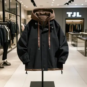 TJL Men's Colorblock Letter Pocket Longsleeves Drawstring Hooded Jacket Regular Fit Casual Windproof Waterproof Hoodie Jumper for Fall Winter Daily Wear 2024 Tops - Menswear Stylish Sweatshirts Gamis Black drop shoulder long sleeve