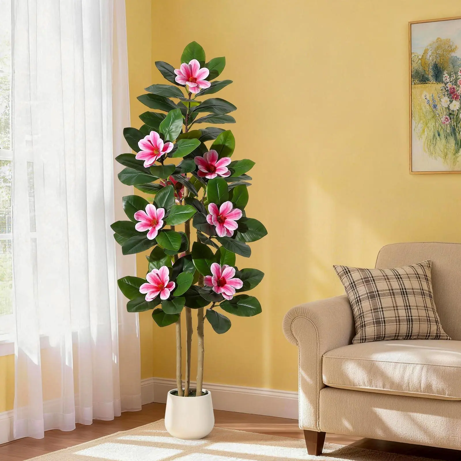 Large Plastic Fiddle-Leaf Fig Decorative Plant with White Pot, Multiple Stems, Lifelike Synthetic Leaves, Pink Magnolia Blossoms, Moss Accent - Elegant Living Room, Office Decoration, Lifelike Leaves