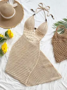 Summer Women's Beach Crochet Knitted Dress, Bohemian Hollow Out Backless Mermaid Dress, Sleeveless Breathable Long Dress