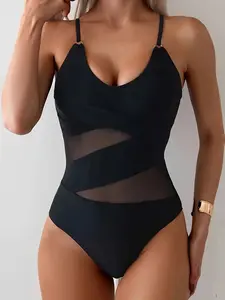 Sexy Slimming Sheer Mesh One-Piece - See-Through Panel, Versatile for Vacation & Pool Days
