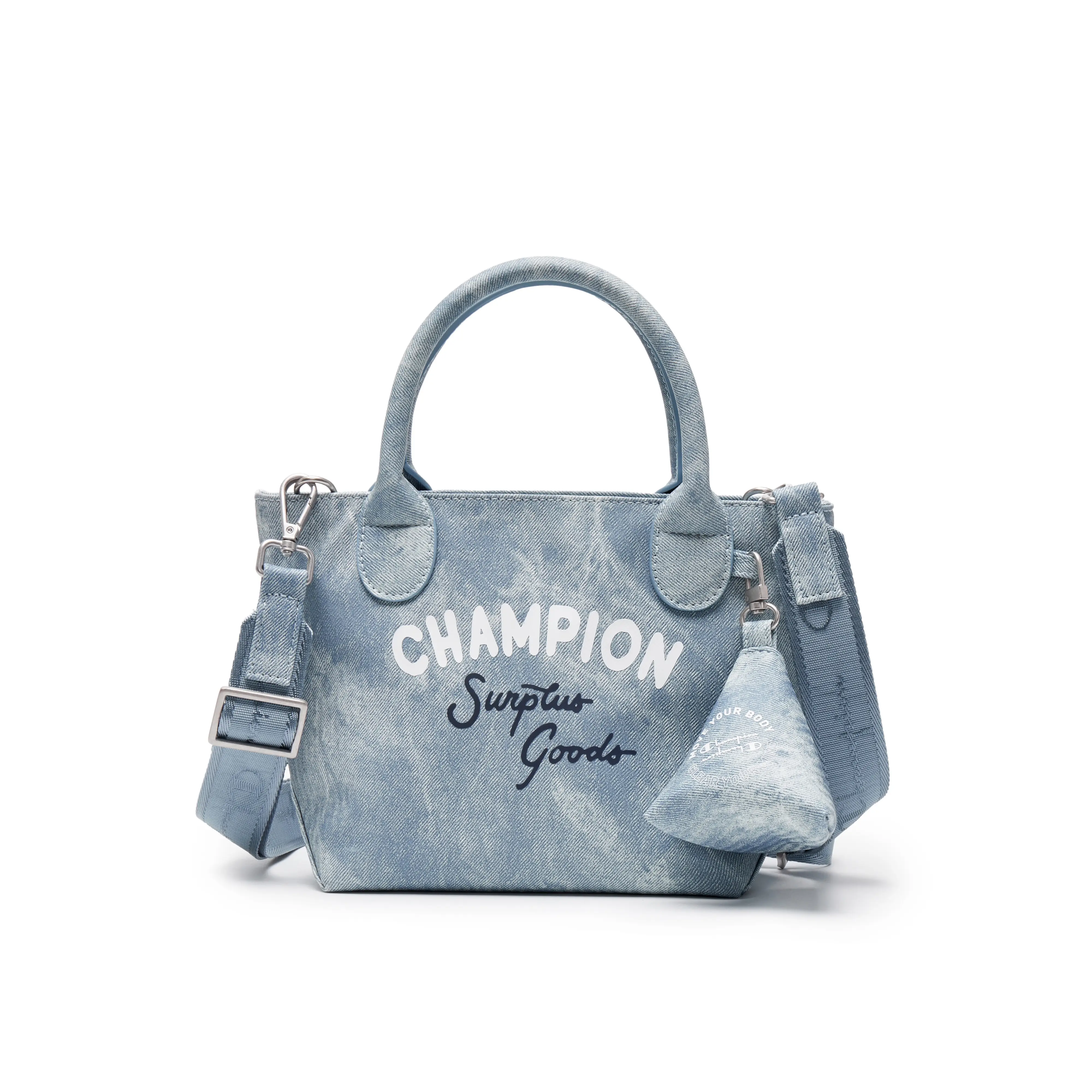 Champion Logo Fabric Tote Bag with Detachable Earphone Holder, Unisex Casual Handbag Satchel Canvas Sling Purse
