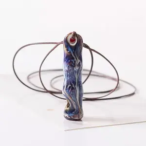 Handmade Porcelain Whistle Pendant Necklace Ceramic Survival Whistle with Unique Blue Design and Red Accent