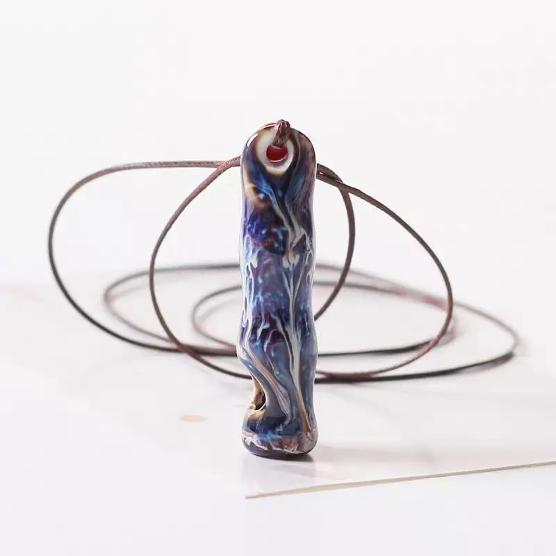 Handmade Porcelain Whistle Pendant Necklace Ceramic Survival Whistle with Unique Blue Design and Red Accent