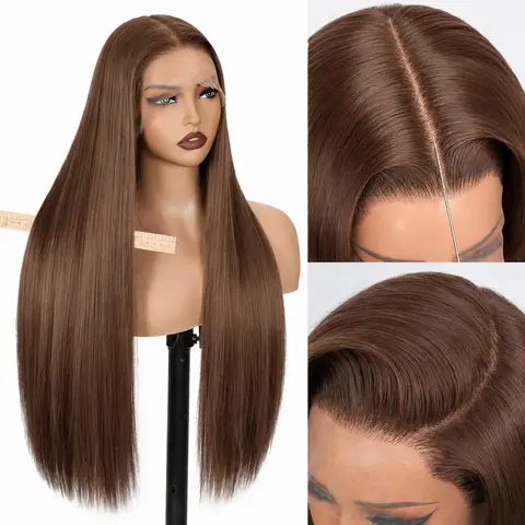 Sohochic Brown 13x6 Synthetic Lace Front Wig - 26-in Layered Glueless, Pre-Plucked Pre-Cut Bangs, 220% Density, Clean Hairline, Lace Front Hair, Affordable Wigs for Beginners, Casual Outings, Beauty Videos