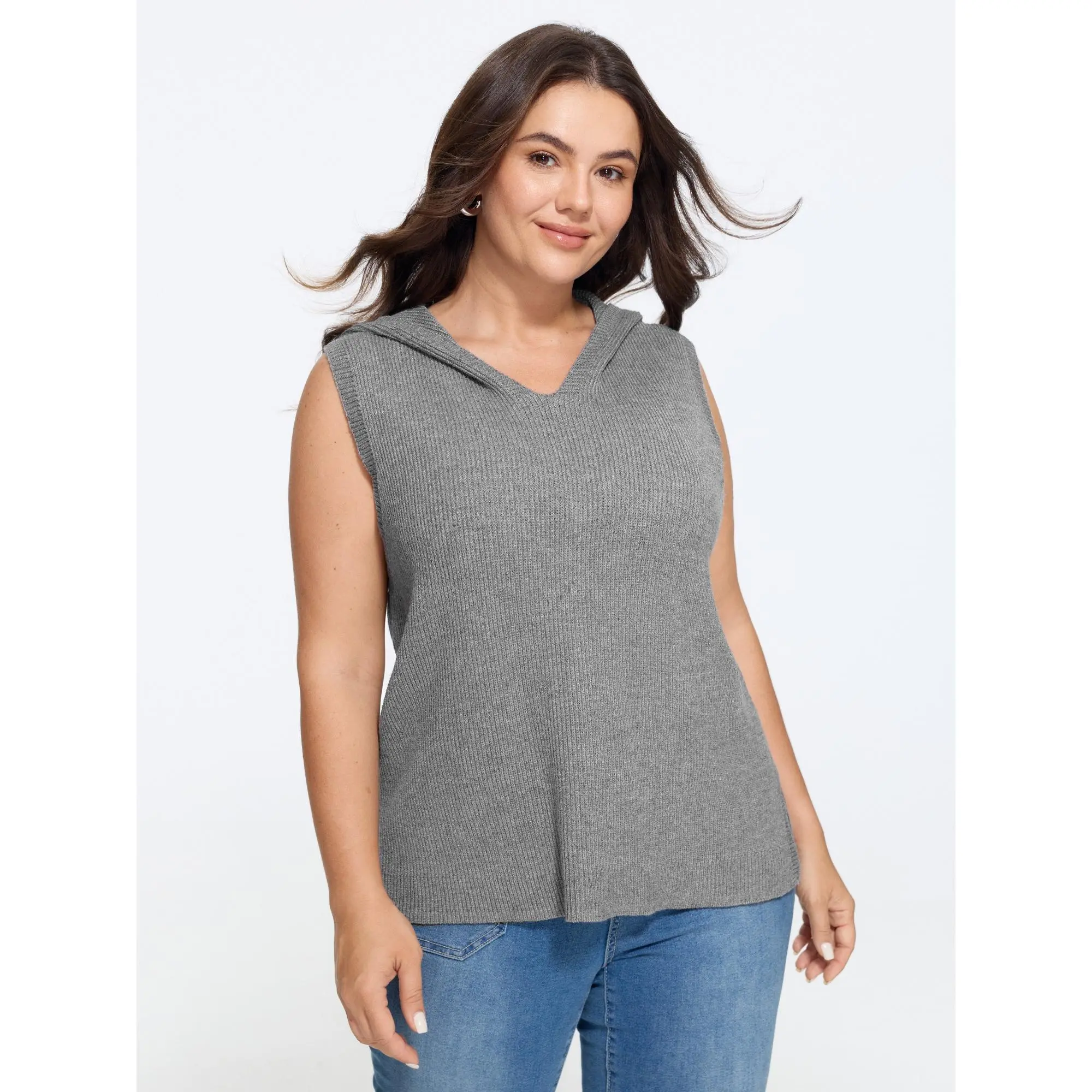 BLOOMCHIC Women's Plus Size Sleeveless Hooded V-Neck Ribbed Knit Sweater Vest [M-6X] - Nylon Fabric Garment with Flattering Fit, 2026 Summer Finds