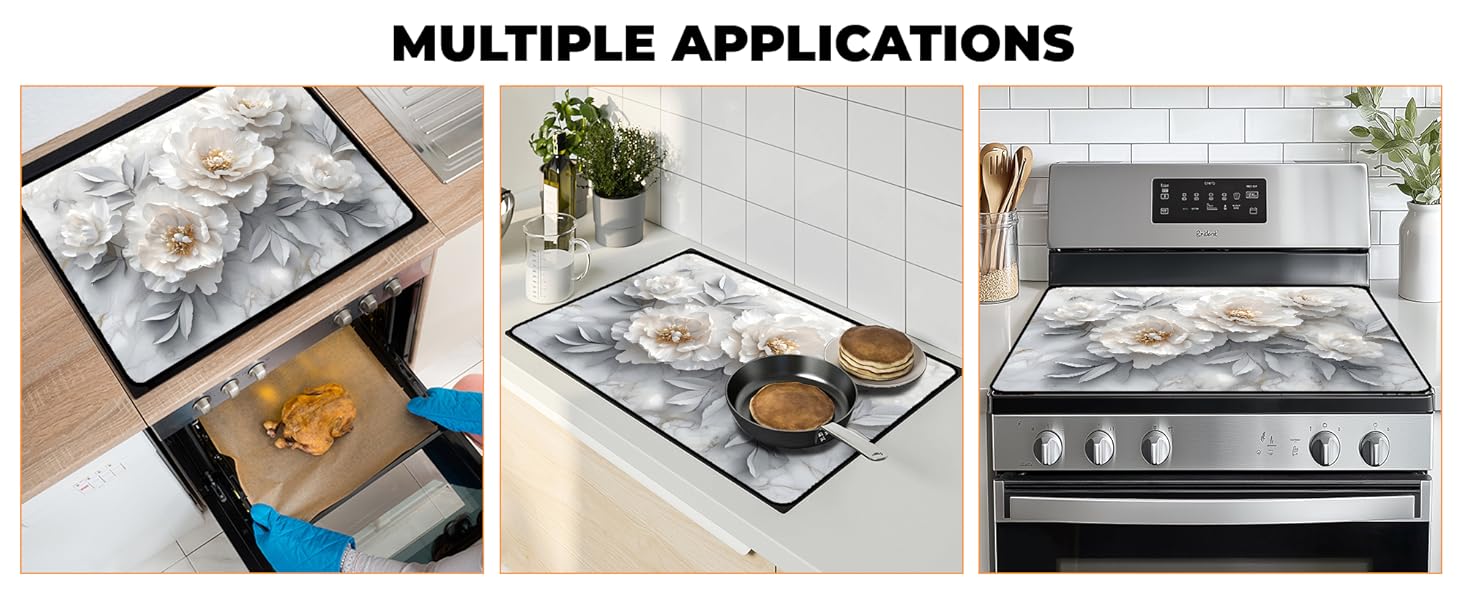JOYFINITY Heat-Resistant Glass Stove Top Cover with Anti-Slip Rubber Coating – Electric Stove Protector, Scratch-Resistant, Expands Counter Space, Stylish Kitchen Decor (Peony, 28.4*20.5 in)