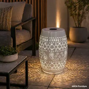 ARCH Iron Solar Power Side Table - Round Form with Built-in Solar Battery, Metal Base, Nighttime Flower Pattern, Eco-Friendly Energy-Efficient Outdoor Living Furniture for Patios, Gardens (White)