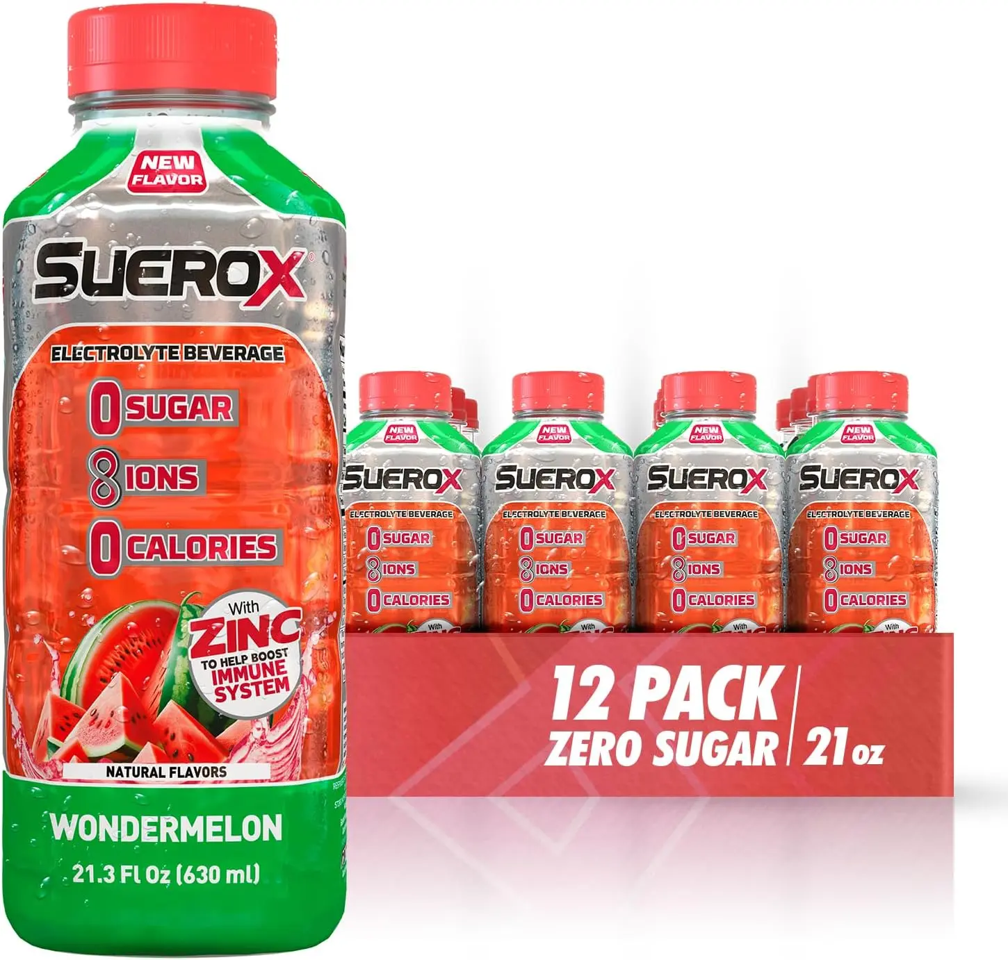 SueroX Zero Sugar, Wondermelon,  12 Pack, Electrolyte Drink for Hydration and Recovery, Unique Blend of Electrolytes & 8 Ions, Zero Calorie, Refreshing Beverage, Sports Drink, 21.3 Fl Oz,  - 12-pack
