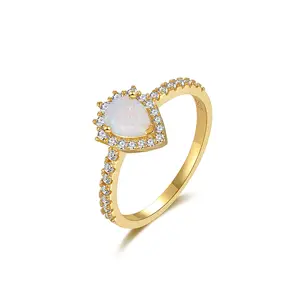 18K Gold Plated White Opal Eye-Catching Masterpiece Ring, Teardrop Style, 925 Sterling Silver