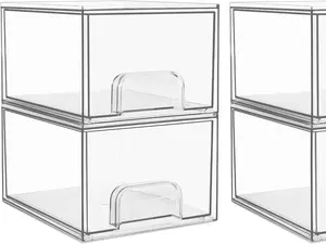 [New Deal] 4 Pack Clear Small Stackable Storage Drawers,Acrylic Bathroom Makeup Organizer,Plastic Storage Bins For Vanity, Undersink, Kitchen Cabinets, Pantry, Home Organization