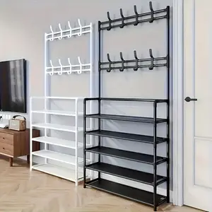 1Pc Entrance Hook, 67-Inch Hall Shoe Rack, Multi-Functional Metal Storage Rack, High-Capacity Vertical Hook, 5-Level Storage Rack and 8 One Double Hook, Living Room, Bathroom, Hallway Shoe Rack Organizer-Need to Install by Yourself