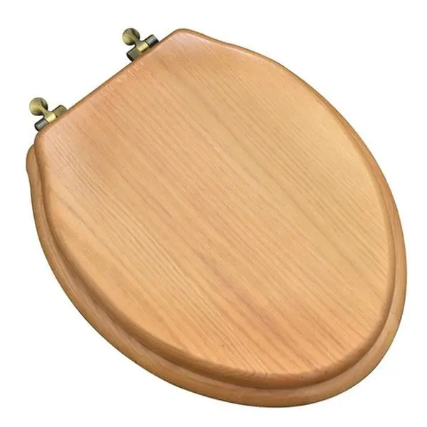 Designer Solid Elongated Oak Wood Toilet Seat with Antique Brass Hinges, Natural Red Oak, 14.38" l x 2.5" h, 18.5 inches, 9 lbs, Bathroom Seats & Covers