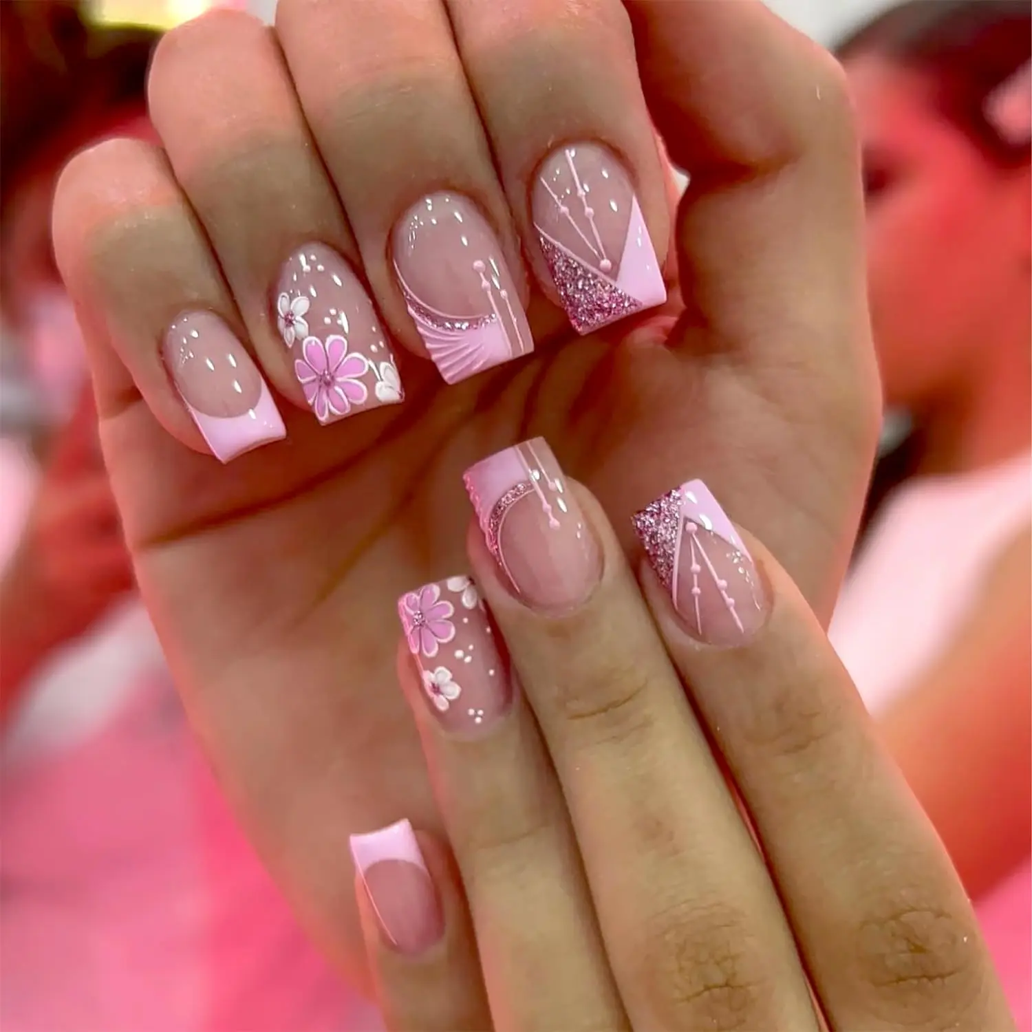 24Pcs Pink French Tip Press Nails Short Square Fake Nails Spring Cherry Blossoms with Line Design Nude Pink False Nails Stick Nails Full Cover Artificial Glue Nails for Women DIY Manicure 24Pcs Pink French Tip Press Nails Short Square Fake Nails Spring Cherry Blossoms with Line Design Nude Pink False Nails Stick Nails Full Cover Artificial Glue Nails for Women DIY Manicure