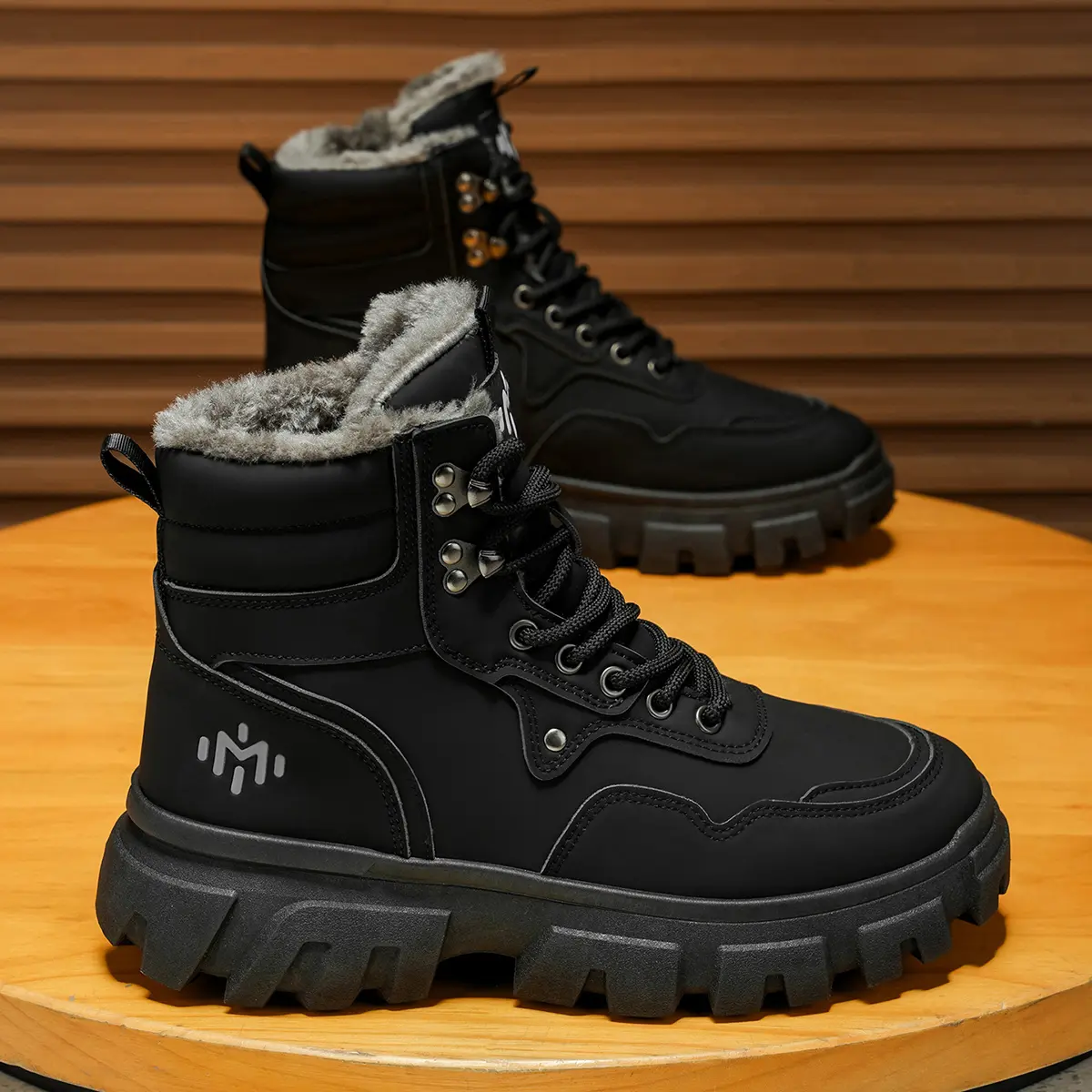 Ultra Warm Fleece Fur Lined Platform MilitaryCombat Boots For Men, Water Resistant Lace UpHigh Top Ankle Snow Boots, Rugged Deep LugAnti Slip Sole Cold Weather Hiking ConstructionOutdoor Work Boots