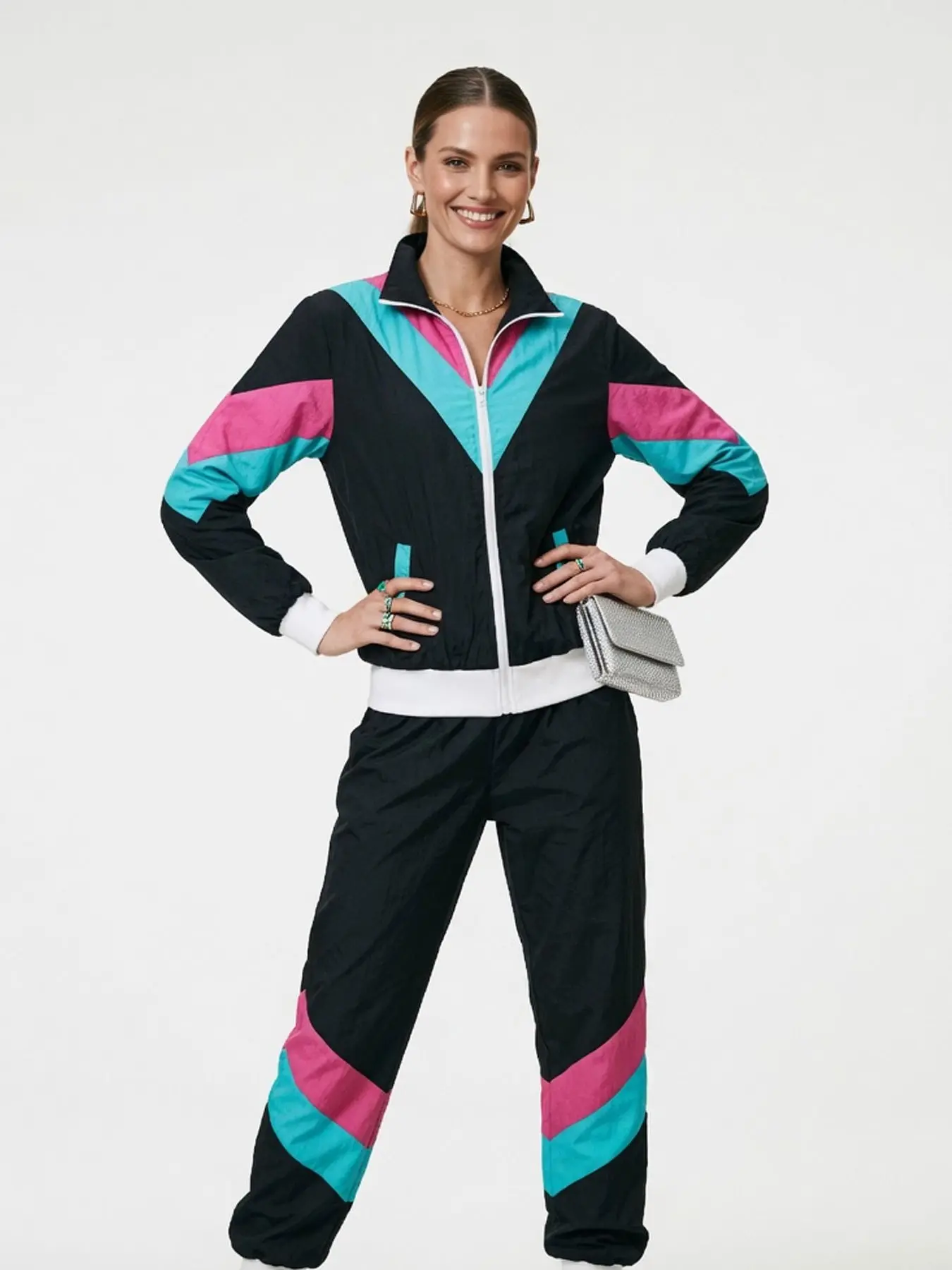 Women Hippie Disco Costume Set Retro Sports Square Dance Casual Fitness Tracksuit