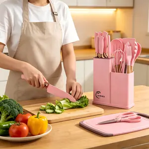 19Pcs Pink Silicone Kitchen Utensil Set | Wooden Handle Knives & Tools with Storage Block for Non-stick Panmacaron-pinkhousewarmingwedding favors