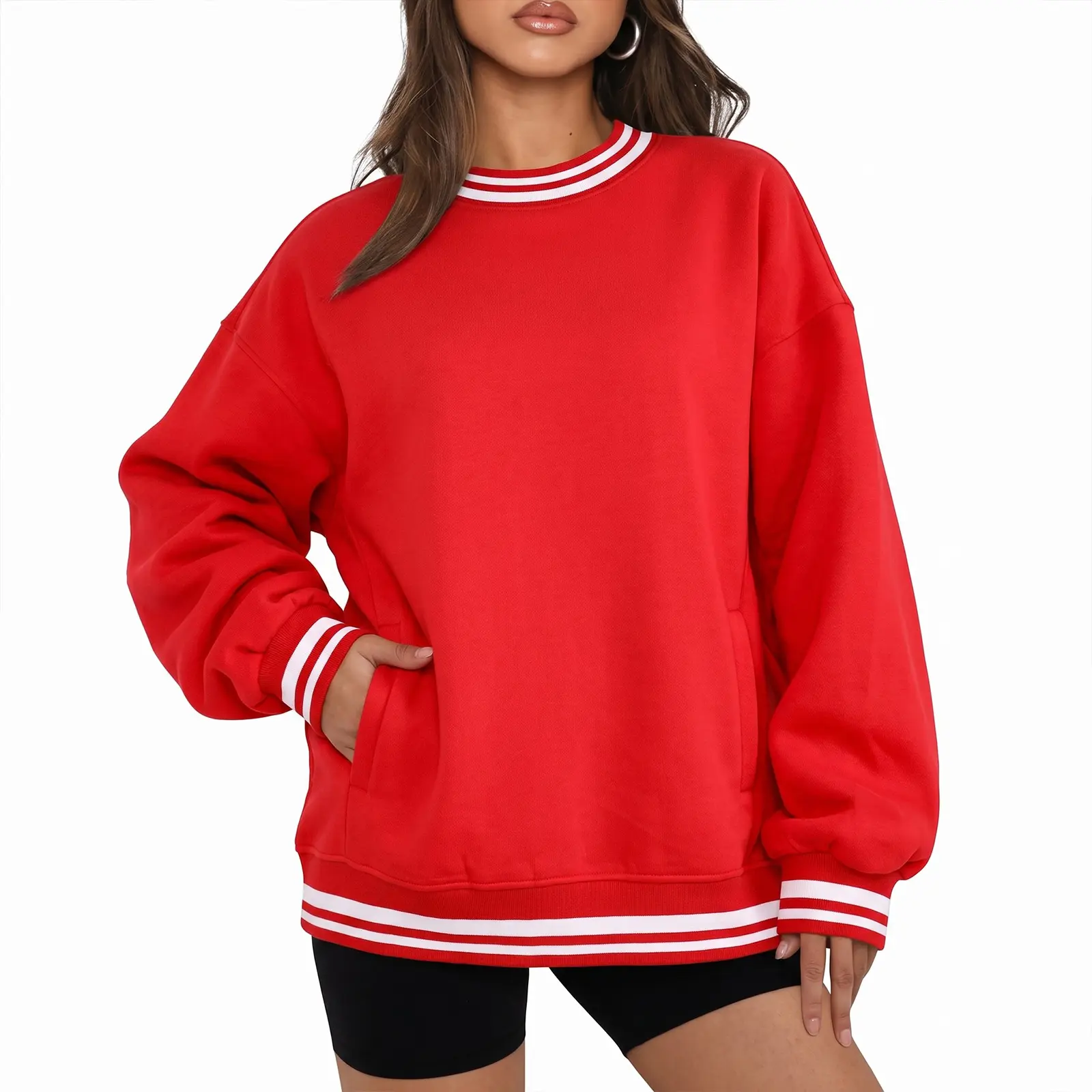 Fisoew Women's Retro Vintage Varsity Striped Rib Trim Crew Neck Sweatshirt - Oversized Drop Shoulder Long Sleeve Pocket Casual Soft Women's Fashion Essential Street Style Tunic Pullover Top, Lightweight Solid Fleece Hoodie, Denim