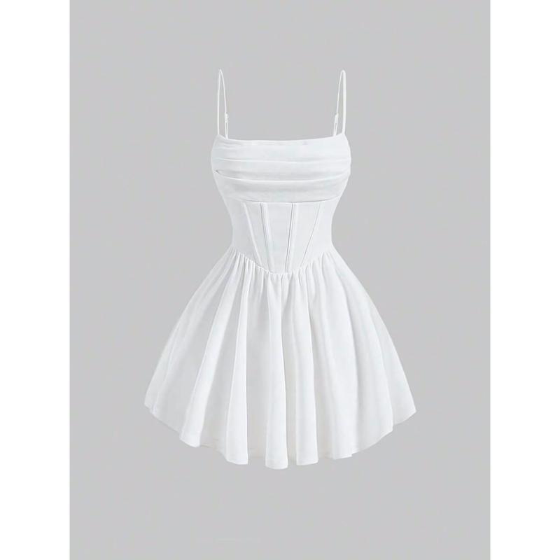 Fashion Dress Solid Color Ruched Back Zipper Strap Dress Casual Womenswear White Formal nadia  outfit