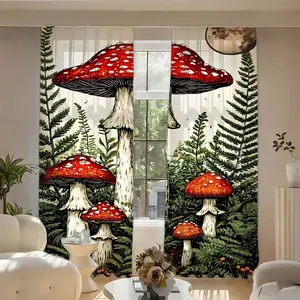 2pcs Creative Fantasy Forest Umbrella Mushroom Cartoon Print Curtains, Light Blocking Drapes, Polyester Fiber, Kitchen Bedroom Office Living Room Decor
