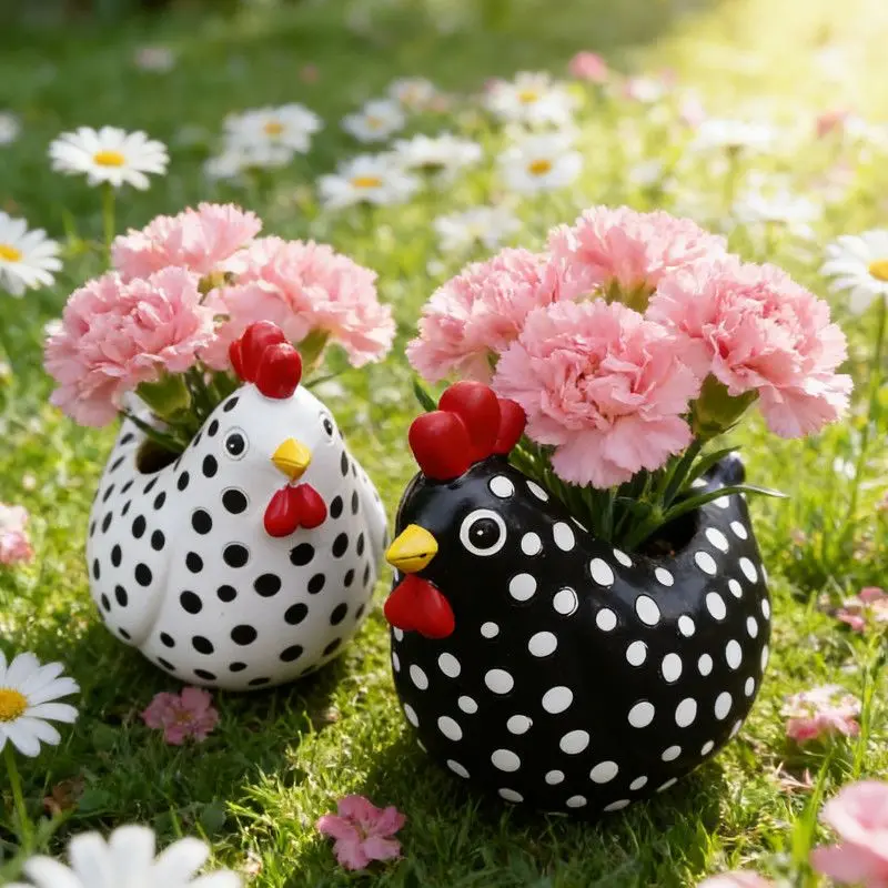 Polka Dot Chicken Planter Pot, Resin Succulent Flower Pot, Decorative Flower Pot, Desktop Flower Pot, Decorative Garden Pots for Office Desk Setup Makeover and Farmhouse Kitchen, Aesthetic Whimsical Home Ornament Hen Lover Gift Ideas