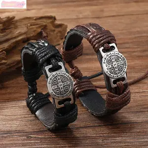 2Pcs Vintage Braided Leather Bracelets for Men Saint Benedict Medal Wristband Punk Style Handmade Accessory Religious Retro Jewelry Gift