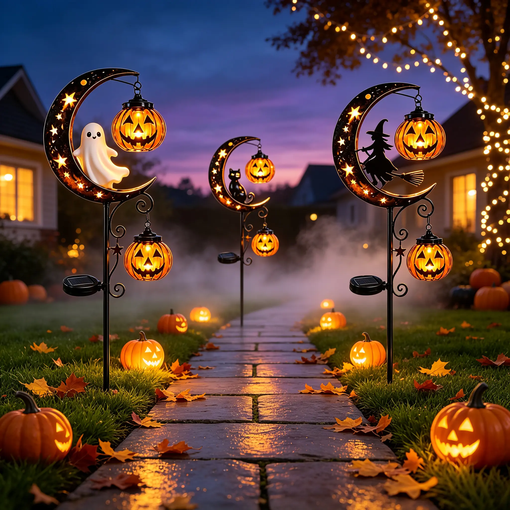 Solar Halloween Cat and Pumpkin Moon Garden Stake Light, Outdoor Waterproof LED Decor, Hanging Pumpkin Lamp for Garden, Patio, Walkway, Porch