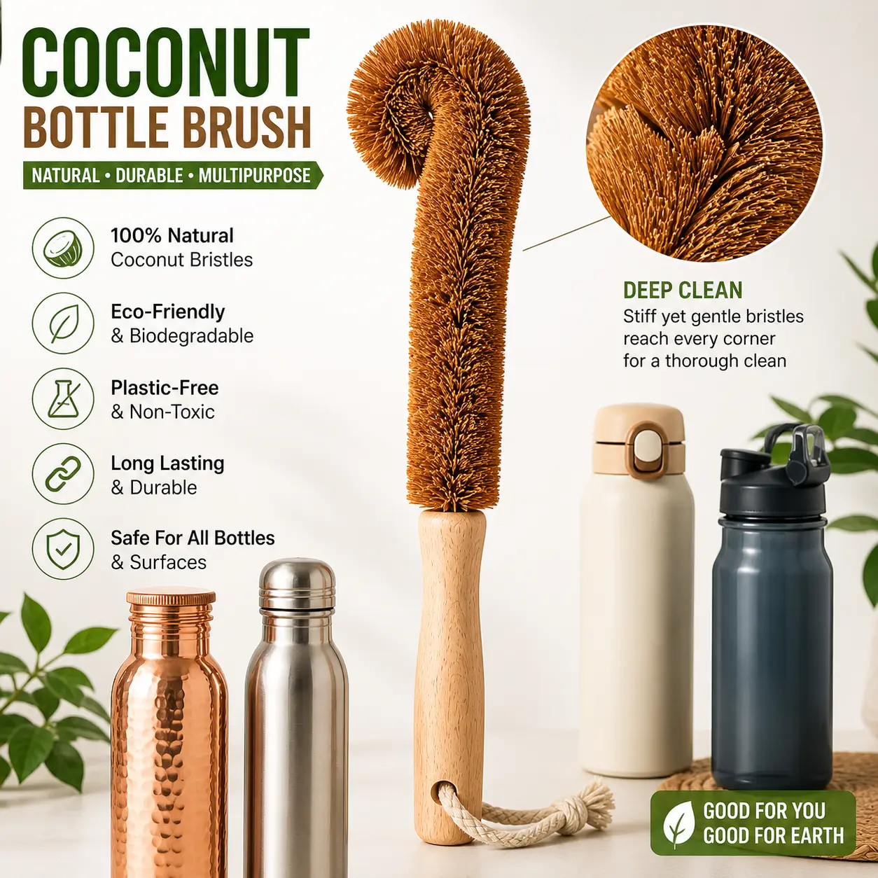 Premium Coconut Fiber Bottle Brush for cleaning – 100% Natural Wood Handle – Eco-Friendly & Plastic-Free Cleaner for Copper, Stainless Steel, Glass & Water Bottles – Durable & Non-Toxic