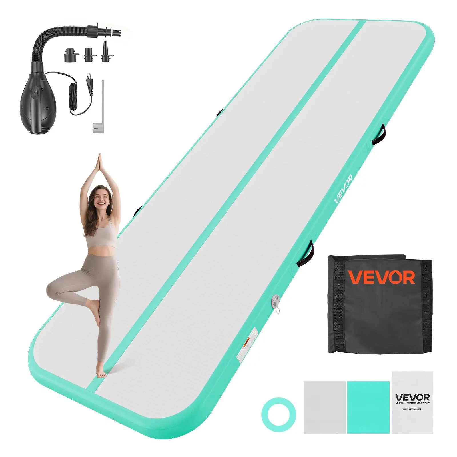【SummerFinds】VEVOR Inflatable Gymnastics Air Mat 10 ft Training Mats w/ Electric Pump, 4 inches Thick Sturdy Tumble Track, Tumbling Mat for Home Use/Gym/Outdoor/Yoga/Cheerleading/Beach/Park/Water, Mint Green
