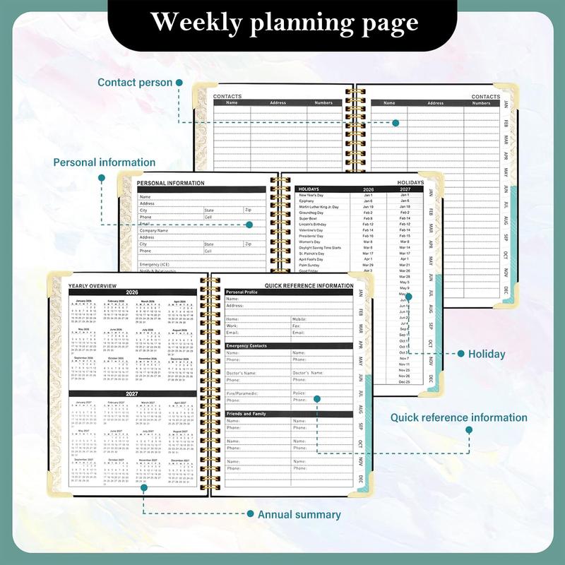 2026 Weekly and Monthly Planner, Jan-Dec, Spiral-Bound with Tabs, Inner Pocket, 6.2" x 8.5" Year Planner Calendar Planner