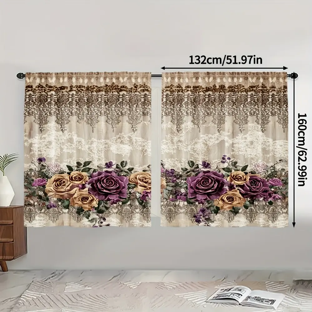 2-Piece set, Window Curtains, floral and lace curtains, light-transmitting polyester curtains with purple rose and green leaf design, suitable for living rooms, bedrooms, rod pockets, Room Decor Curtain, Home Decoration Curtain